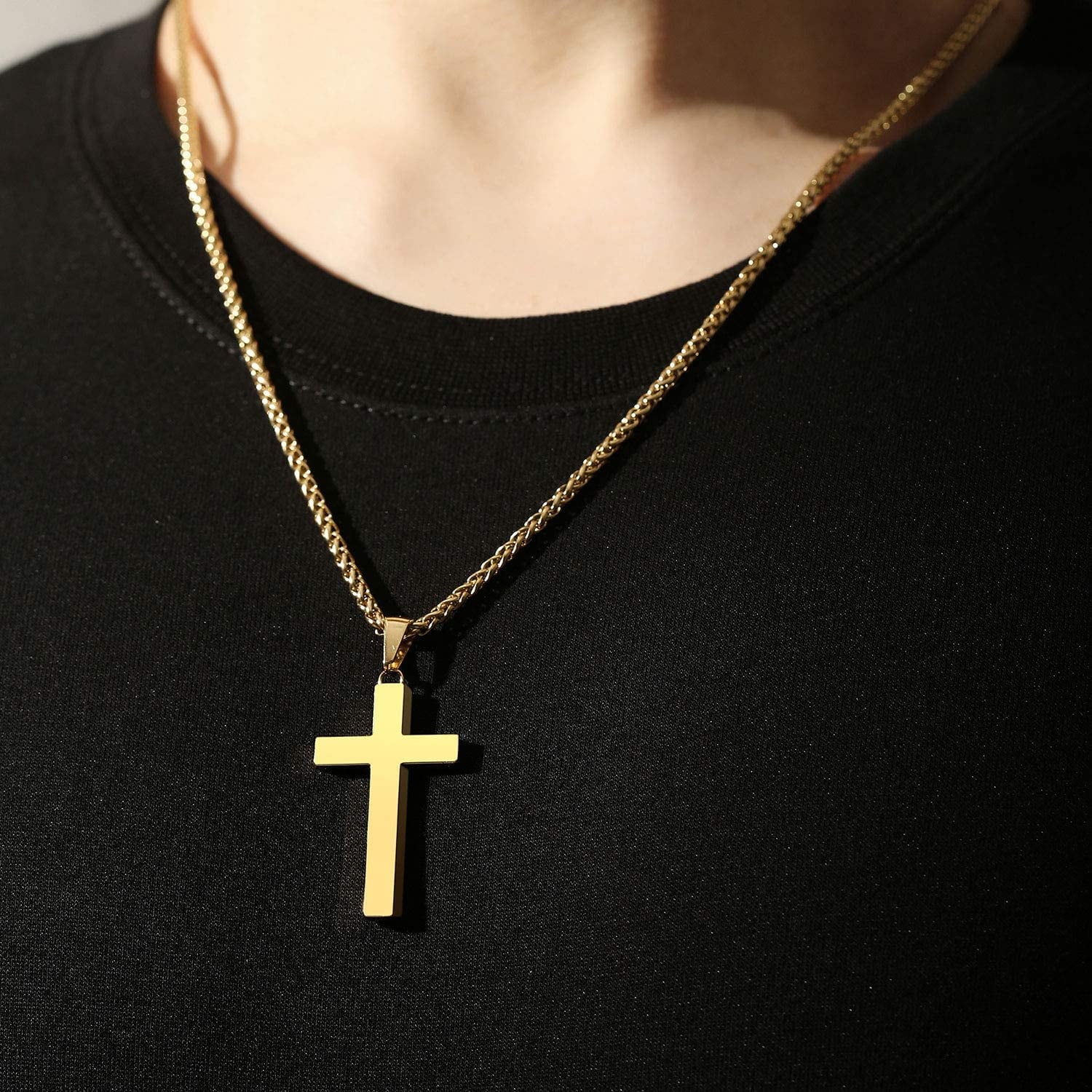 Gold Cross Necklaces for Men Boys Stainless Steel Cross Pendant Chain Catholic Religious Christian Birthday First Communion Easter Basket Stuffers Jewelry Gifts Teen Adults Male Kids Age Ideas