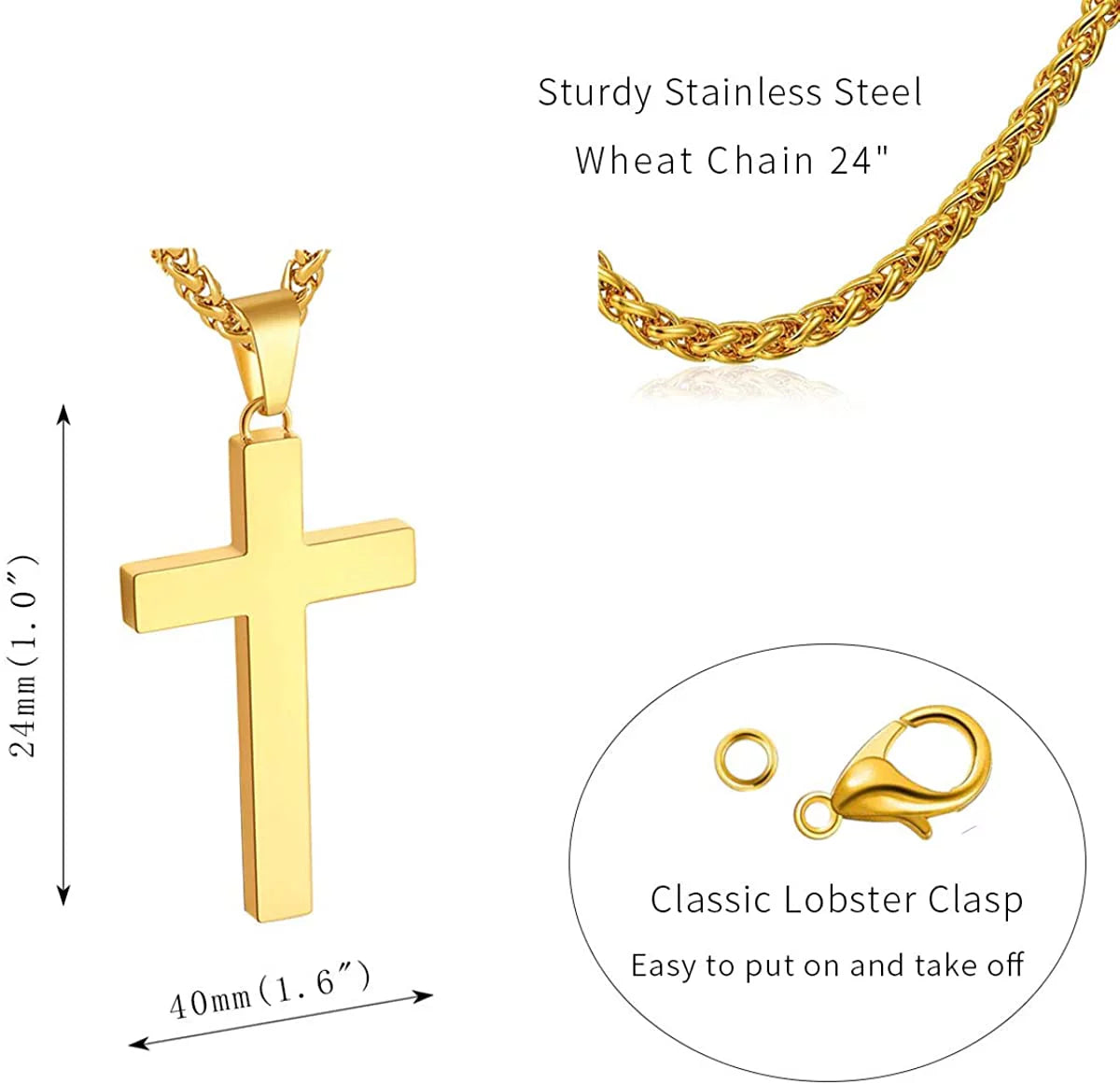 Gold Cross Necklaces for Men Boys Stainless Steel Cross Pendant Chain Catholic Religious Christian Birthday First Communion Easter Basket Stuffers Jewelry Gifts Teen Adults Male Kids Age Ideas