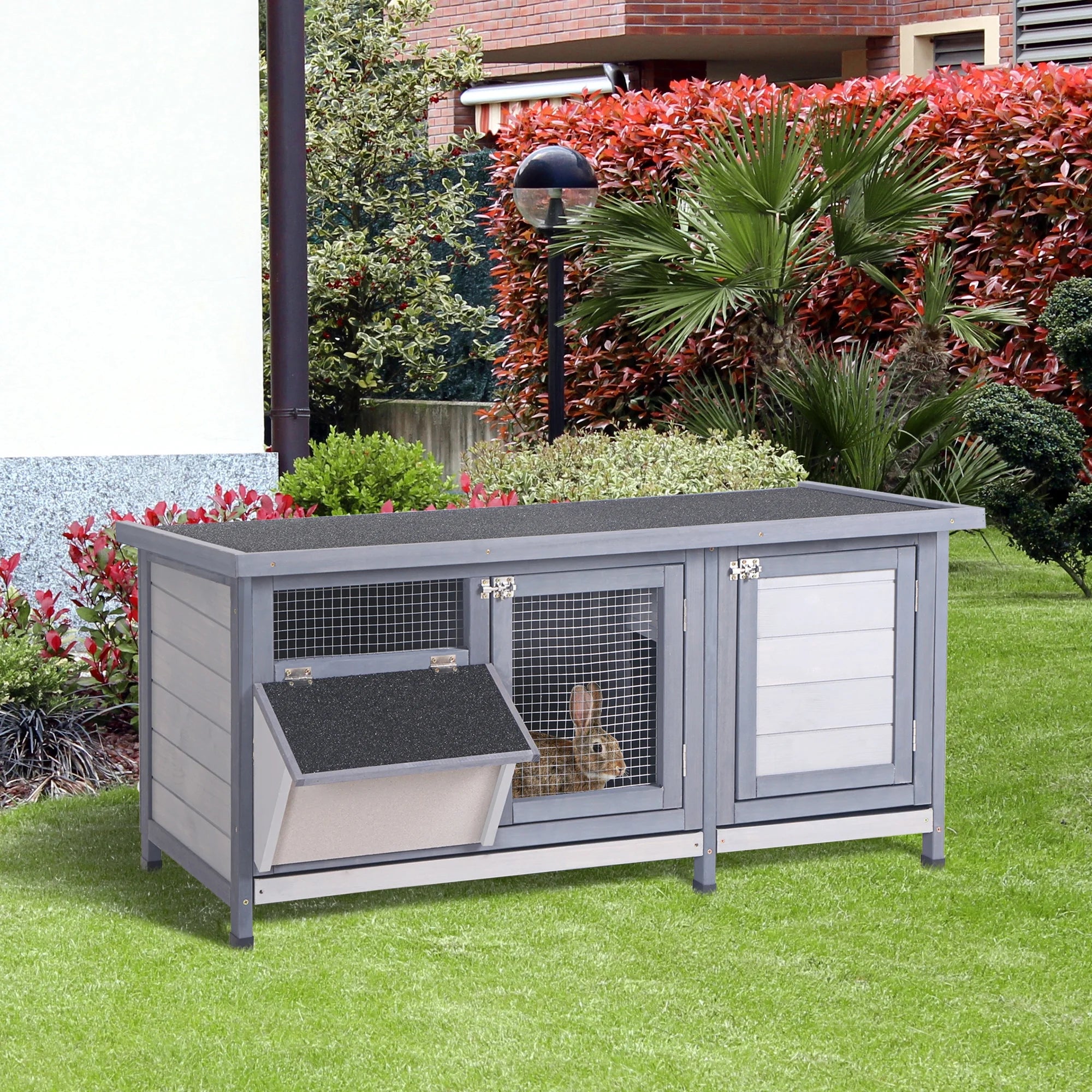 Jaula De Madera Para Conejo Y Conejito, Jaula Para Conejillo De Indias Con Techo Impermeable, Bandeja Sin Fugas Y Comedero, Interior/Exterior, Gris